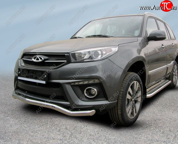 8 949 р. Защита переднего бампера Slitkoff (Ø 57 мм, волна).  Chery Tiggo 3 (2014-2020) (Сталь окрашенная в цвет: серебристый)  с доставкой в г. Чебоксары