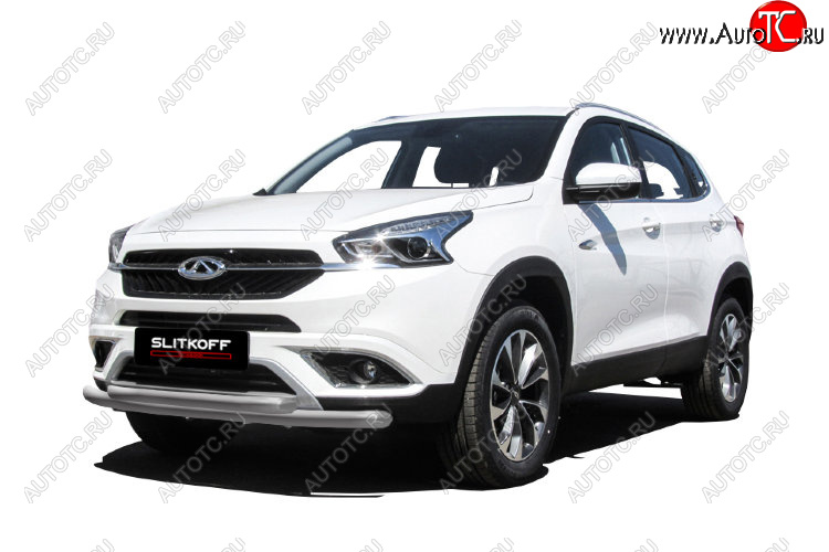 8 599 р. Защита переднего бампера  Slitkoff (Ø 57+Ø 42).  Chery Tiggo 7 (2016-2020) (Цвет: серебристый)  с доставкой в г. Чебоксары