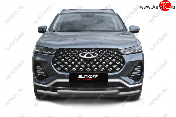 9 899 р. Защита переднего бампера Slitkoff (Ø 57+Ø 42 мм). Chery Tiggo 7 Pro Max T1E дорестайлинг (2022-2025) (Цвет: серебристый)  с доставкой в г. Чебоксары
