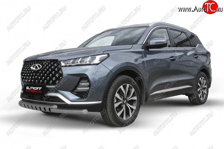 11 999 р. Защита переднего бампера Slitkoff (Ø 57+Ø 42 мм). Chery Tiggo 7 Pro Max T1E дорестайлинг (2022-2025) (Цвет: серебристый)  с доставкой в г. Чебоксары