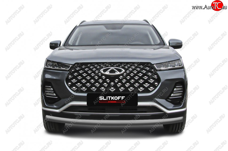 8 299 р. Защита переднего бампера Slitkoff (Ø 57 мм). Chery Tiggo 7 Pro Max T1E дорестайлинг (2022-2025) (Цвет: серебристый)  с доставкой в г. Чебоксары