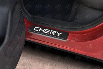 1 889 р. Накладки порожков салона Russtal Chery Tiggo 7 PRO (2019-2025) (поверхность карбон с надписью)  с доставкой в г. Чебоксары. Увеличить фотографию 3