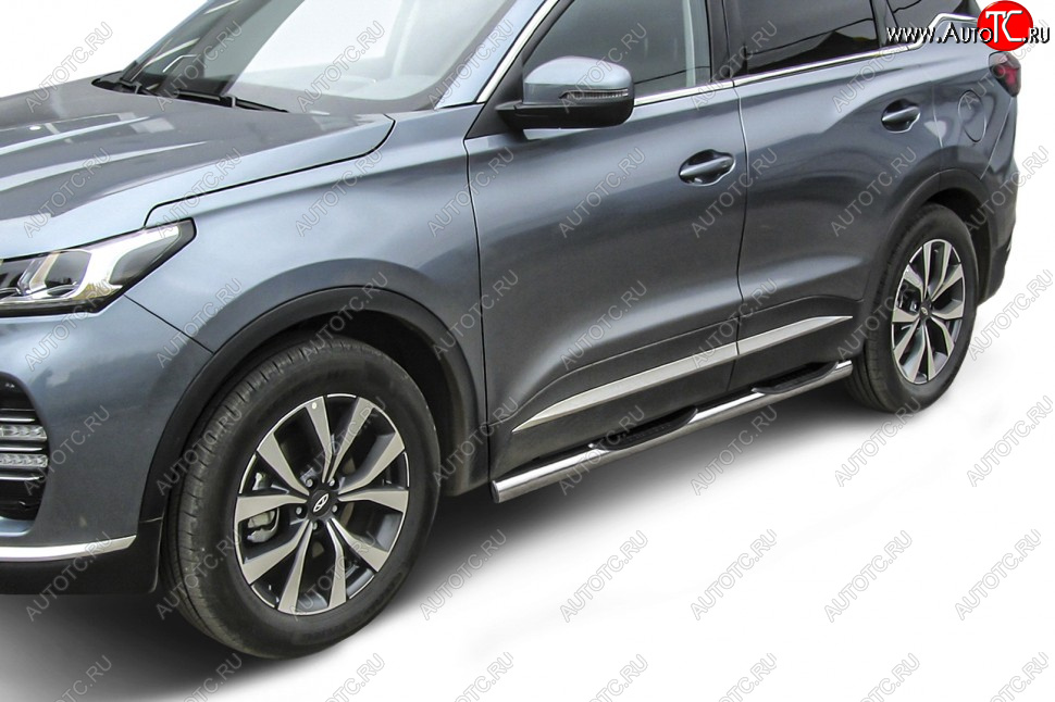 17 899 р. Защита порогов Slitkoff (Ø 76 мм, с проступями)  Chery Tiggo 7 PRO (2019-2025) (Нержавеющая сталь)  с доставкой в г. Чебоксары