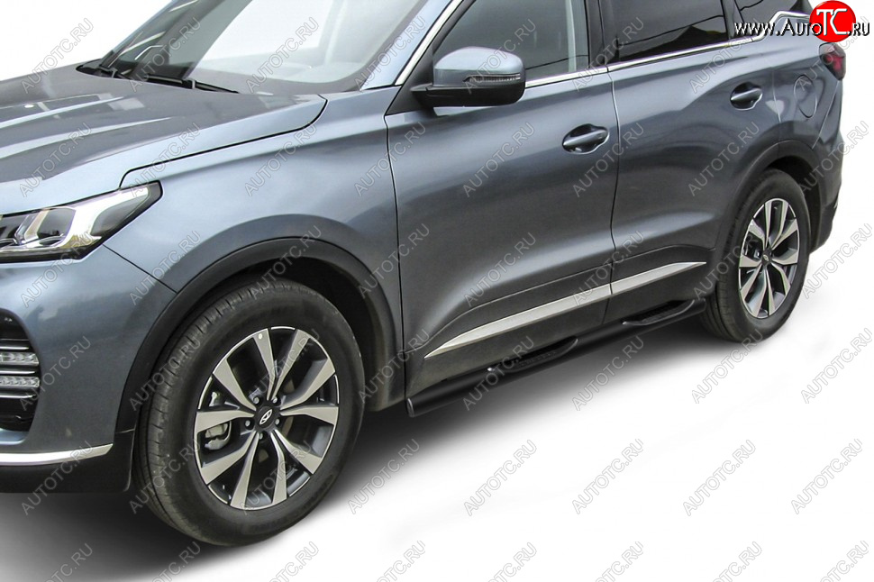 12 499 р. Защита порогов Slitkoff (Ø 76 мм, с проступями).  Chery Tiggo 7 PRO (2019-2025) (Цвет: черный)  с доставкой в г. Чебоксары