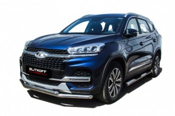 Защита переднего бампера Slitkoff (Ø 57+Ø 42). Chery Tiggo 8  1 T18 (2019-2023) рестайлинг (Полированная нержавейка)