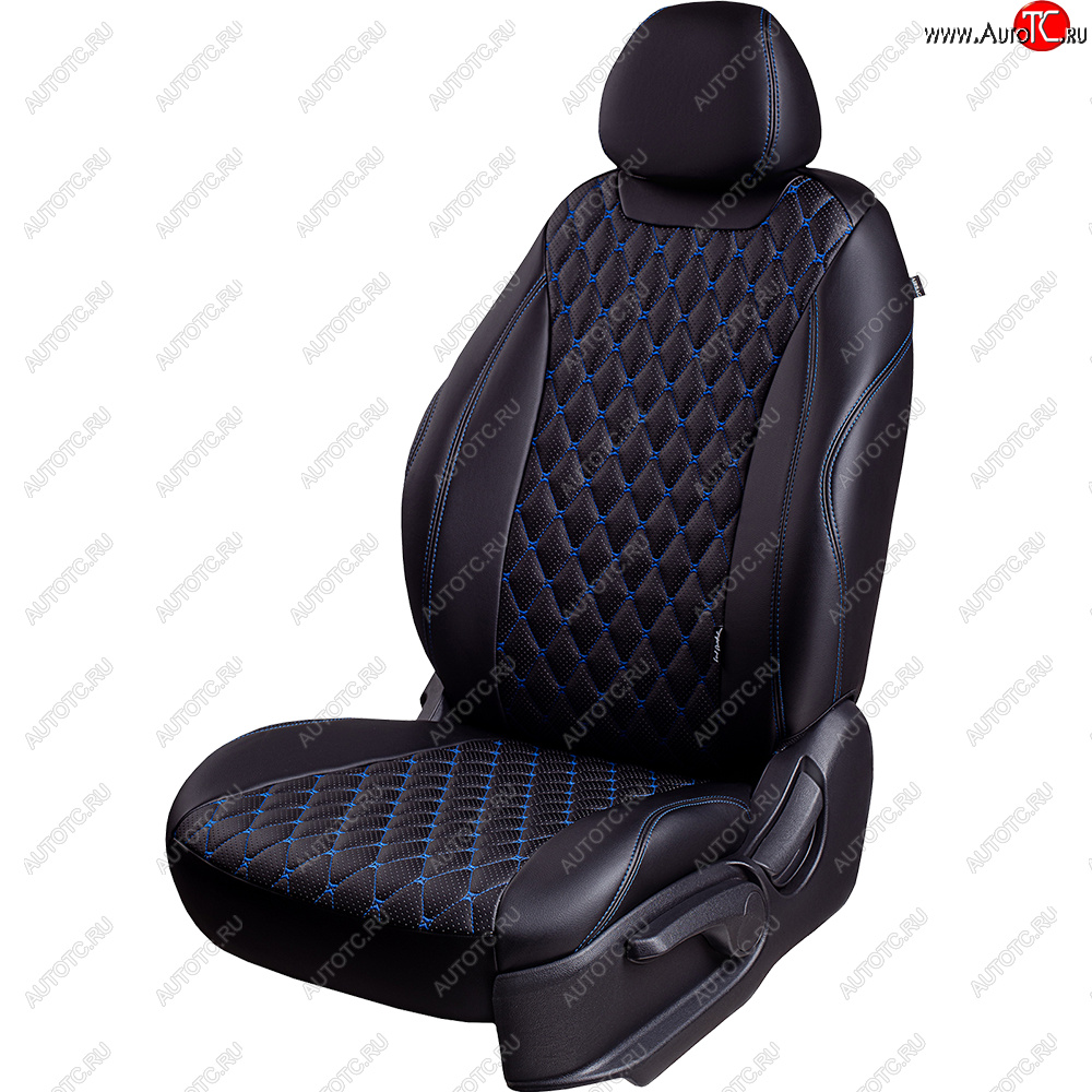 10 499 р. Чехлы для сидений Lord Autofashion Турин Ромб (экокожа, спинка и сиденья 60/40, 2 П-образных подголовника) Vortex Tingo рестайлинг (2012-2014) (Черный, вставка черная, строчка синяя)  с доставкой в г. Чебоксары
