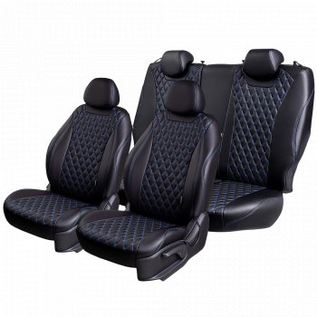10 499 р. Чехлы для сидений Lord Autofashion Турин Ромб (экокожа, спинка и сиденья 60/40, 2 П-образных подголовника) Vortex Tingo рестайлинг (2012-2014) (Черный, вставка черная, строчка синяя)  с доставкой в г. Чебоксары. Увеличить фотографию 2
