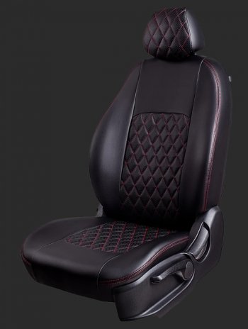 Чехлы для сидений Lord Autofashion Турин Ромб (экокожа, спинка 60/40, 2 Г-образных подголовника) Ravon R4 (2016-2020) (Черный, вставка черная, строчка красная)