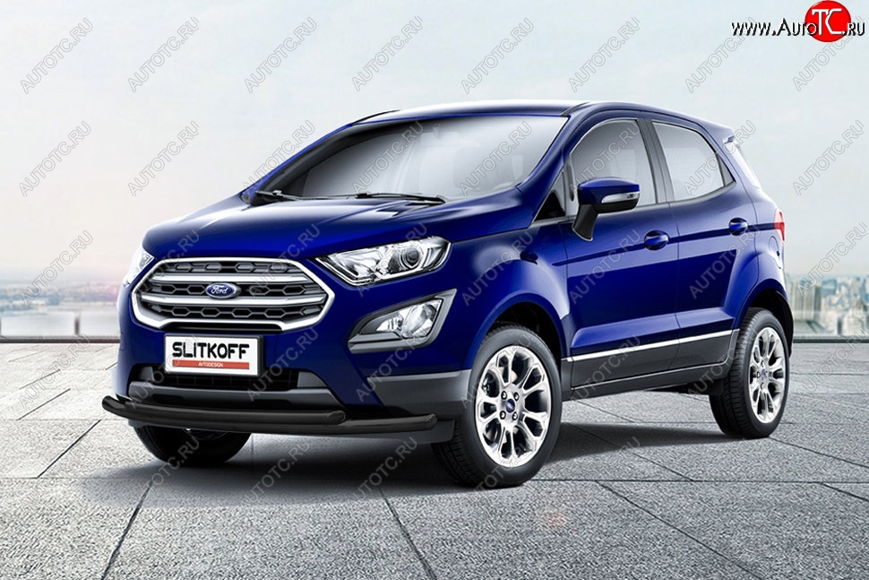 10 299 р. Защита переднего бампера Slitkoff (двойная, d57/42) Ford EcoSport B515 рестайлинг (2017-2019) (Сталь с полимерным покрытием. Цвет: чёрный)  с доставкой в г. Чебоксары