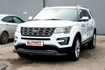 Защита переднего бампера Slitkoff (двойная, d57/57 мм) Ford Explorer  U502 (2015-2018) 1-ый рестайлинг, 5 дв. (Сталь с полимерным покрытием. Цвет: чёрный)
