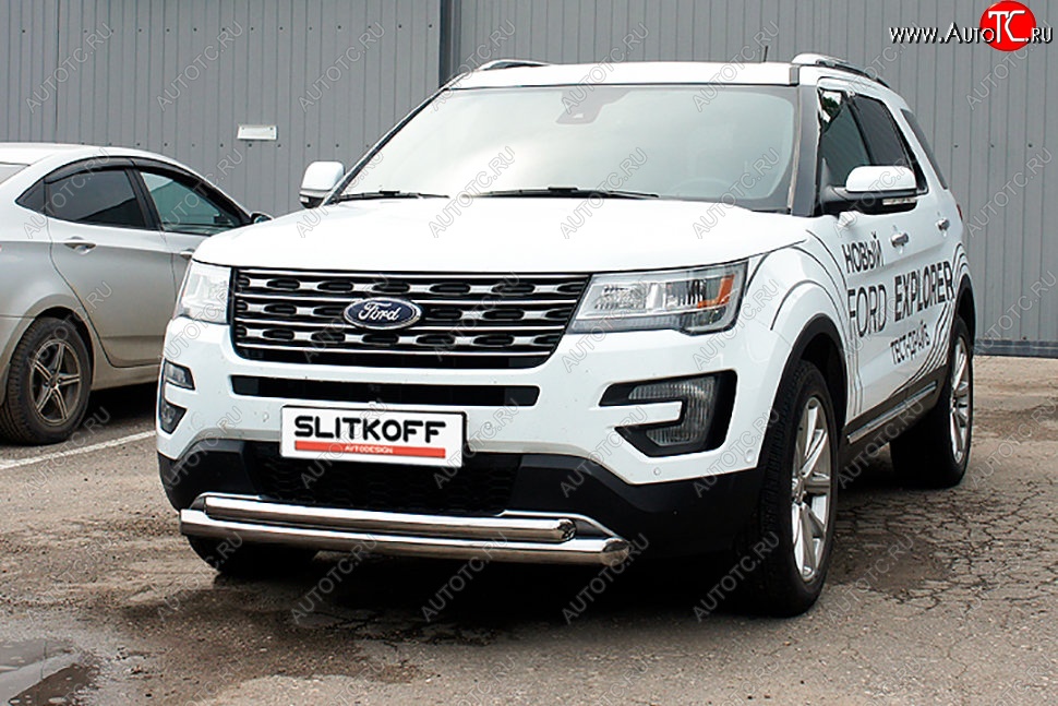 19 449 р. Защита переднего бампера Slitkoff (двойная, d76/57 мм)  Ford Explorer  U502 (2015-2018) 1-ый рестайлинг, 5 дв. (Нержавейка, Полированная)  с доставкой в г. Чебоксары