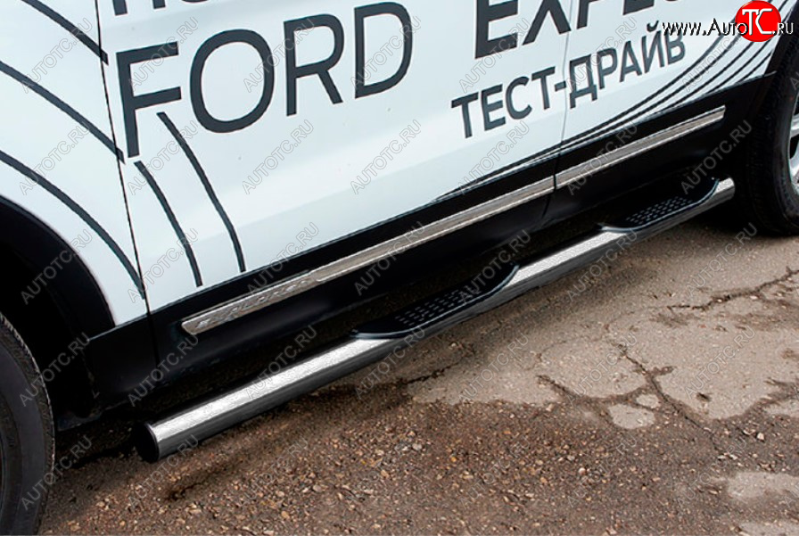 16 949 р. Защита порогов Slitkoff (Ø 76 мм, с проступями)  Ford Explorer  U502 (2015-2018) 1-ый рестайлинг, 5 дв. (Цвет: серебристый)  с доставкой в г. Чебоксары
