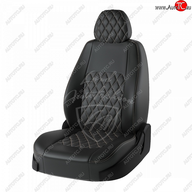 7 199 р. Чехлы для сидений Lord Autofashion Турин Ромб (экокожа) Ford Fusion 1 хэтчбэк дорестайлинг (2002-2005) (Черный, вставка черная, строчка бежевая)  с доставкой в г. Чебоксары