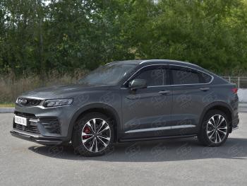 13 999 р. Защита переднего бампера (Ø57/Ø42) SLITKOFF Geely Tugella FY11,HPBA4 дорестайлинг (2019-2023) (нержавейка с полимерным покрытием, черный)  с доставкой в г. Чебоксары. Увеличить фотографию 2