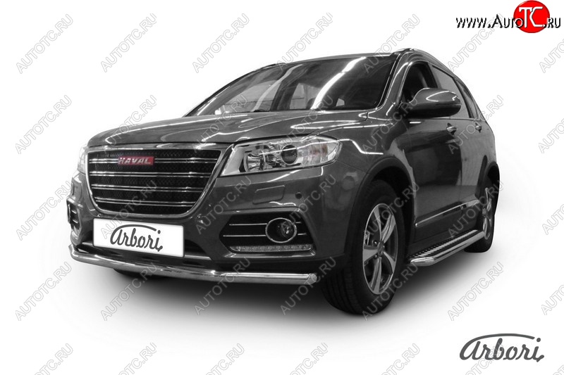 4 999 р. Защита переднего бампера Arbori (нержавейка, 2 трубы d57 и 42 mm) Haval H6 (2013-2020)  с доставкой в г. Чебоксары