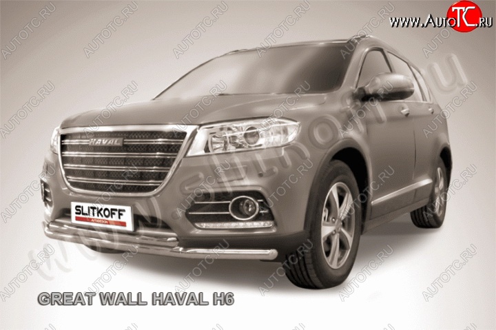 12 999 р. Двойная защита переднего бампера из труб диаметром 57 и 42 мм Slitkoff Haval H6 (2013-2020) (Нержавейка, Полированная)  с доставкой в г. Чебоксары