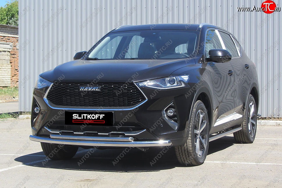 13 899 р. Защита переднего бампера (2 трубы Ø57 и 42 мм, нержавейка) Slitkoff Haval F7  дорестайлинг (2018-2022)  с доставкой в г. Чебоксары