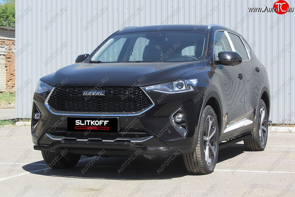 8 949 р. Защита переднего бампера (Ø42 волна, с полимерным покрытием) Slitkoff Haval F7  дорестайлинг (2018-2022) (цвет: черный)  с доставкой в г. Чебоксары