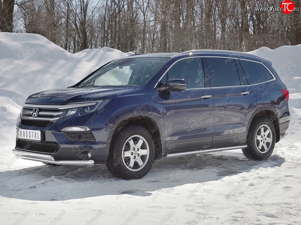 17 299 р. Защита переднего бампера (2 трубы Ø63 и 75х42 мм, нержавейка) Russtal Honda Pilot YF6 дорестайлинг (2016-2019)  с доставкой в г. Чебоксары