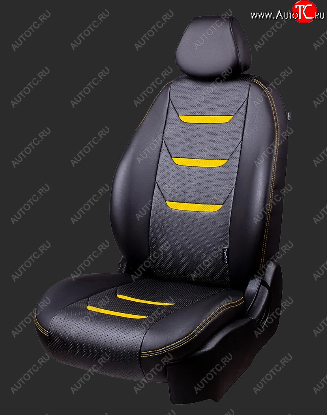 10 299 р. Чехлы для сидений Lord Autofashion Турин 2 (экокожа, спинка 40/60, 3 Г-образных подголовника) Hyundai Getz TB хэтчбэк 5 дв. рестайлинг (2005-2010) (Черный, вставка черная/желтая, строчка желтая)  с доставкой в г. Чебоксары