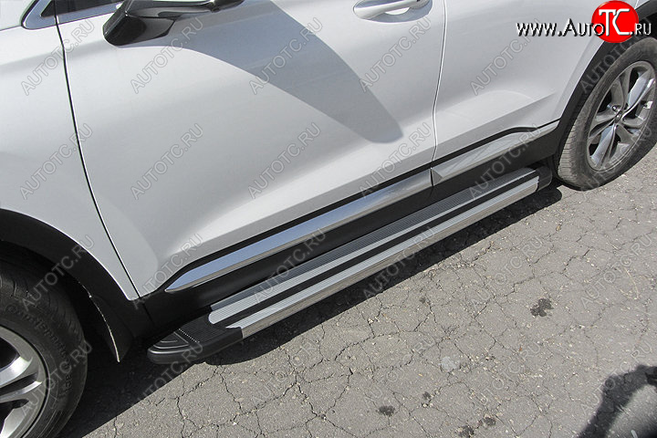10 699 р. Пороги алюминиевые Slitkoff Hyundai Santa Fe TM дорестайлинг (2018-2021) (Luxe Silver)  с доставкой в г. Чебоксары