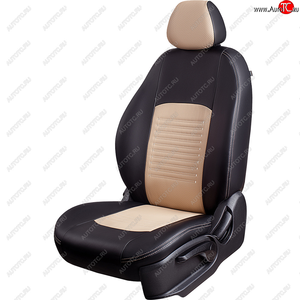 6 799 р. Чехлы для сидений Lord Autofashion Турин (экокожа, сплошная спинка 2 П-образных подголовника) Hyundai Solaris HCR седан дорестайлинг (2017-2020) (Черный, вставка бежевая)  с доставкой в г. Чебоксары