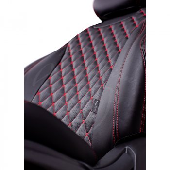 13 949 р. Чехлы для сидений Lord Autofashion Байрон (экокожа, раздельная спинка 40/20/40, подлокотник, 3 Г-образных подголовника) Mazda CX-5 KF (2016-2025) (Черный, вставка черная, строчка красная)  с доставкой в г. Чебоксары. Увеличить фотографию 3