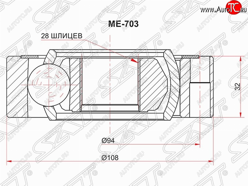 1 799 р. Шрус (внутренний) SAT (28*108 мм)  Mercedes-Benz Vito  W638 (1996-2003), Opel Omega  A (1986-1994)  с доставкой в г. Чебоксары