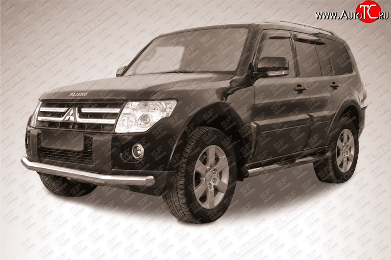 13 499 р. Одинарная защита переднего бампера из трубы диаметром 76 мм Slitkoff  Mitsubishi Pajero ( 4 V90,  4 V80) (2006-2015) дорестайлинг, 1-ый рестайлинг, 3 дв. 1-ый рестайлинг (Нержавейка, Полированная)  с доставкой в г. Чебоксары
