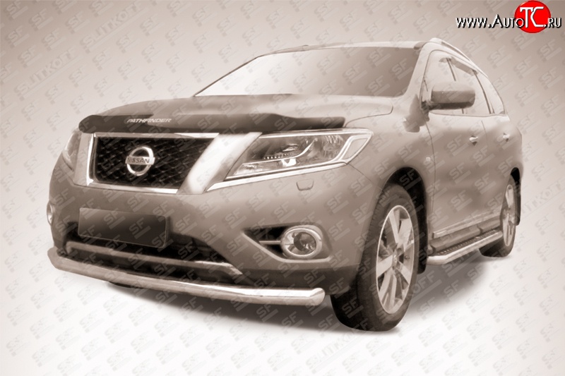 14 499 р. Одинарная защита переднего бампера диаметром 76 мм Slitkoff  Nissan Pathfinder  R52 (2012-2017) дорестайлинг (Нержавейка, Полированная)  с доставкой в г. Чебоксары