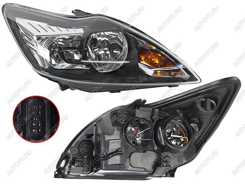 4 579 р. Правая фара SAT (с эл. корректором, чёрная) Ford Focus 2 хэтчбэк 3 дв. рестайлинг (2007-2011)  с доставкой в г. Чебоксары