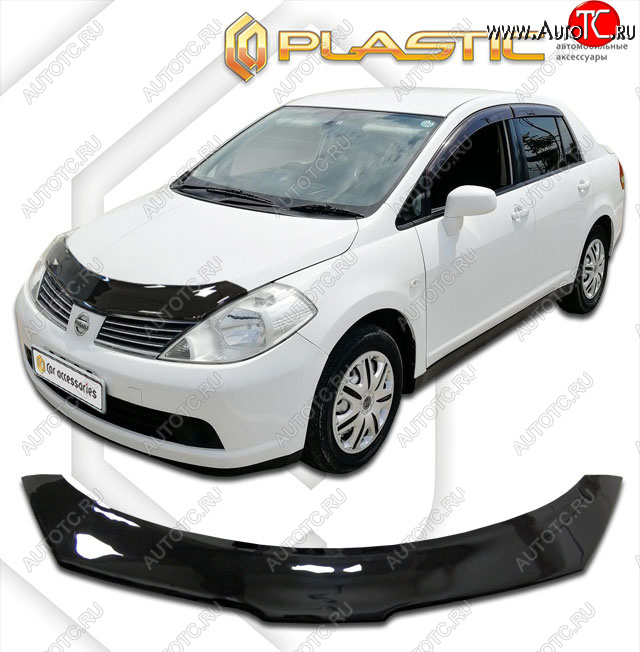 2 299 р. Дефлектор капота CA-Plastic Nissan Tiida Latio C11 седан (2004-2012) (classic черный, без надписи)  с доставкой в г. Чебоксары