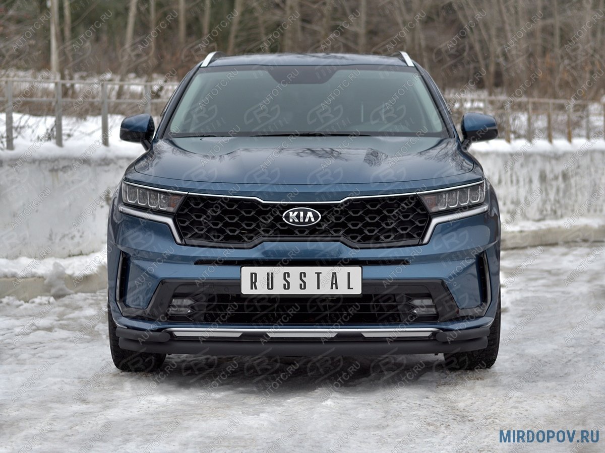 12 949 р. Защита переднего бампера d63 секции-d42 уголки SLITKOFF KIA Sorento MQ4 (2020-2022) (нержавейка окрашенная в черный цыет)  с доставкой в г. Чебоксары