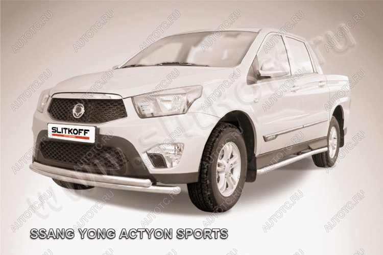 13 999 р. Защита переднего бампера d57+d57 двойная радиусная Slitkoff SSANGYONG Actyon Sport (2012-2025) (нержавейка полированная)  с доставкой в г. Чебоксары