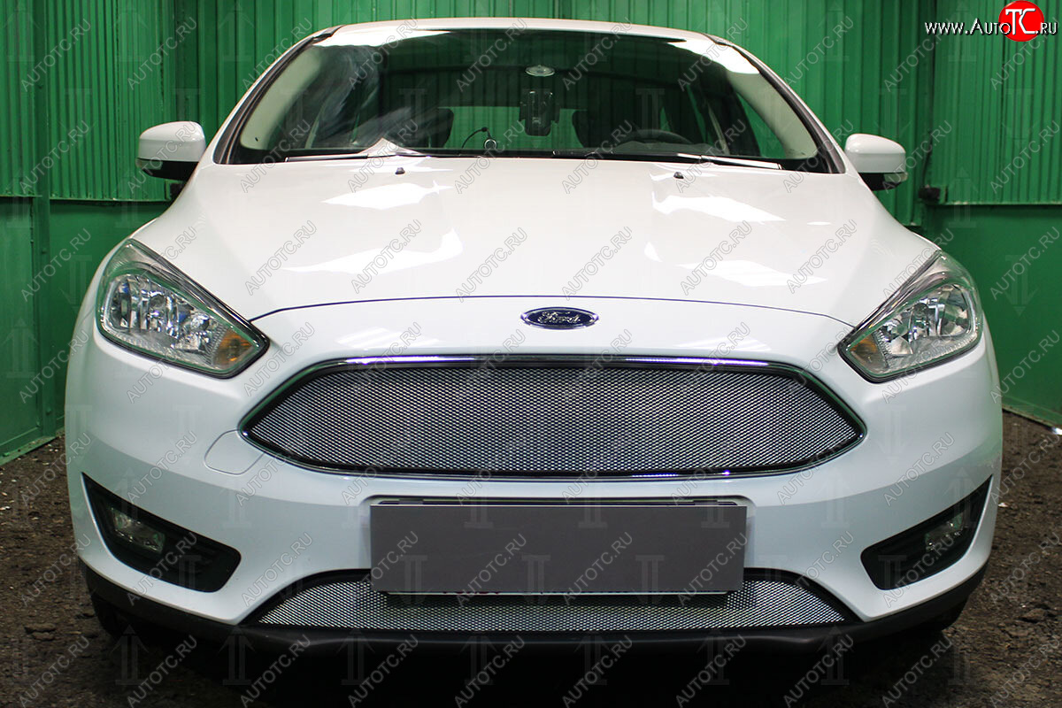 2 899 р. Защитная сетка в бампер (низ, ячейка 3х7 мм) Alfeco Стандарт Ford Focus 3 хэтчбэк рестайлинг (2014-2019) (Хром)  с доставкой в г. Чебоксары