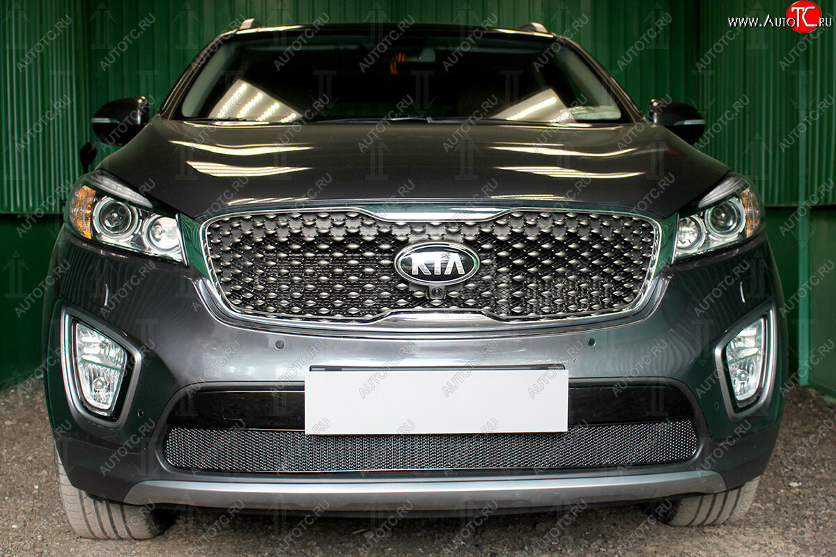 4 299 р. Защитная сетка в бампер (низ, ячейка 4х10 мм) Alfeco Премиум KIA Sorento UM/Prime дорестайлинг (2014-2018) (Чёрная)  с доставкой в г. Чебоксары