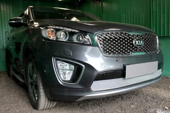 4 549 р. Защитная сетка в бампер (низ, ячейка 4х10 мм) Alfeco Премиум KIA Sorento UM/Prime дорестайлинг (2014-2018) (Хром)  с доставкой в г. Чебоксары. Увеличить фотографию 2