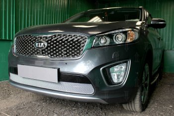 4 549 р. Защитная сетка в бампер (низ, ячейка 4х10 мм) Alfeco Премиум KIA Sorento UM/Prime дорестайлинг (2014-2018) (Хром)  с доставкой в г. Чебоксары. Увеличить фотографию 3