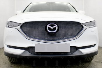 Защитная сетка в бампер (верх, 3D, ячейка 4х10 мм) Alfeco Премиум Mazda CX-5 KF (2016-2025) (Чёрная)