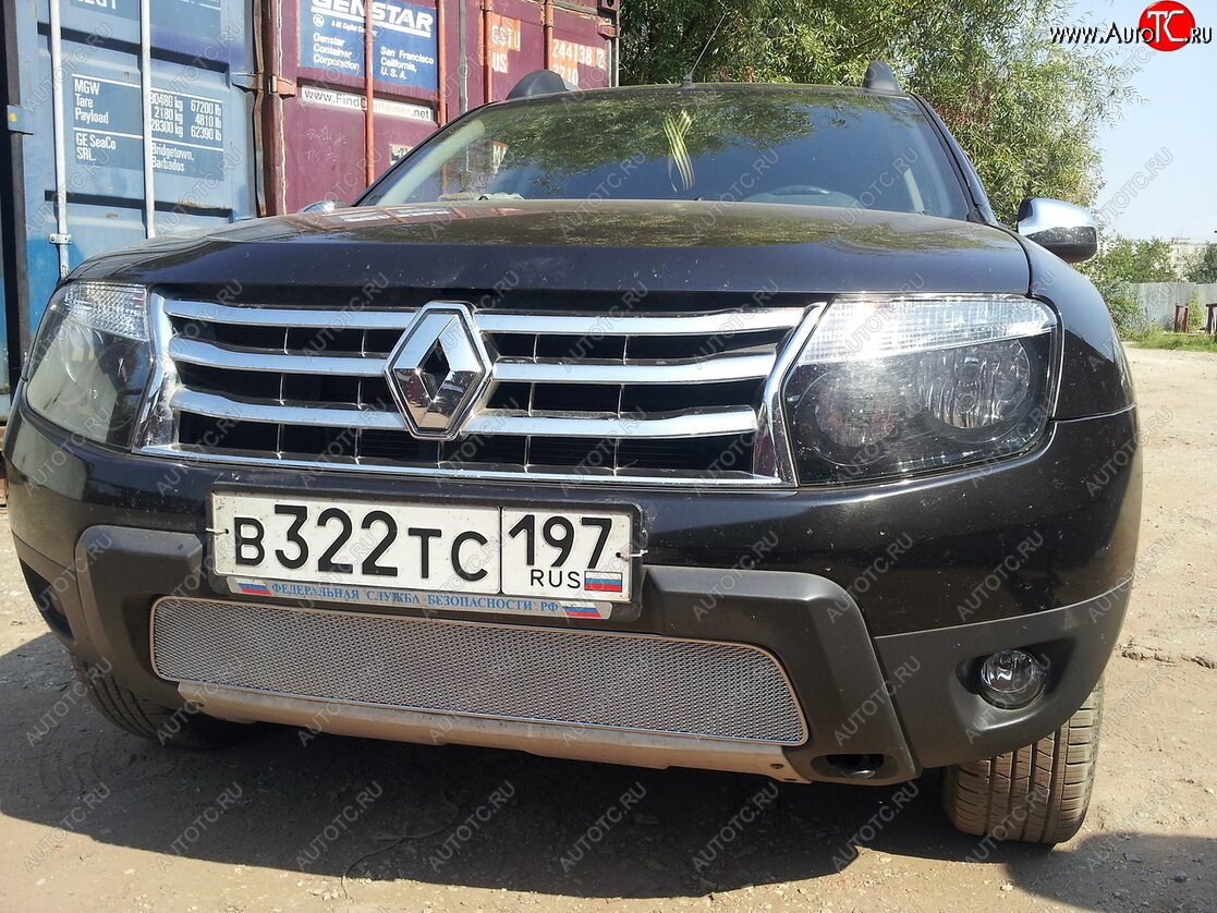 4 299 р. Защитная сетка в бампер (низ, ячейка 4х10 мм) Стрелка11 Премиум Renault Duster HS дорестайлинг (2010-2015) (Хром)  с доставкой в г. Чебоксары