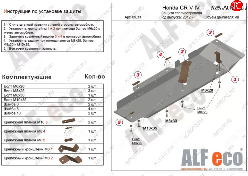 4 069 р. Защита топливопровода Alfeco Honda CR-V RM1,RM3,RM4 дорестайлинг (2012-2015) (Сталь 2 мм)  с доставкой в г. Чебоксары