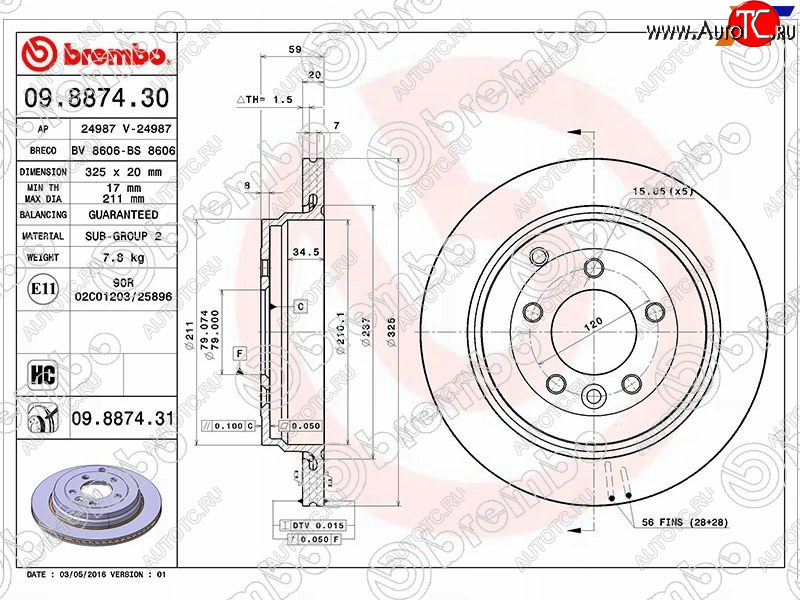 5 799 р. Задний тормозной диск (вентилируемый, d 325) BREMBO дизель Land Rover Range Rover Sport 1 L320 дорестайлинг (2005-2009)  с доставкой в г. Чебоксары
