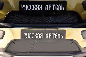 Защитная сетка и зимняя заглушка решетки переднего бампера Русская Артель Renault Sandero Stepway  (B8) (2014-2018) дорестайлинг (шагрень)