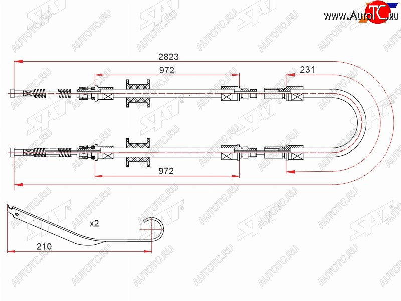 1 299 р. Трос ручного тормоза RH-LH V2.0-2.5 SAT Ford Transit 4  рестайлинг (2020-2025) (одинарные колеса)  с доставкой в г. Чебоксары