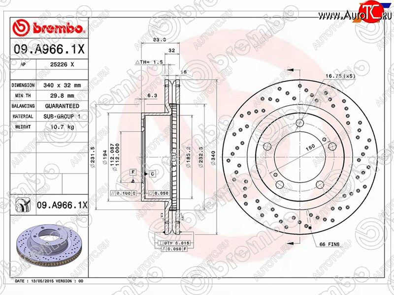 11 599 р. Тормозной передний диск (Ø340) BREMBO  Toyota Land Cruiser 200 дорестайлинг (2007-2012)  с доставкой в г. Чебоксары