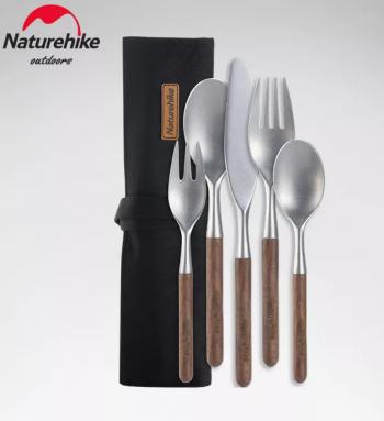 Набор столовых приборов Naturehike 5 в 1 (нож, 2 вилки, 2 ложки), нержавеющая сталь, орех, в чехле Naturehike nh20cj014-51