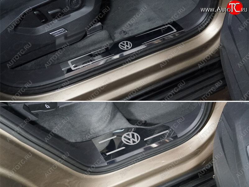 5 599 р. Накладки на пластиковые пороги (4шт) ТСС Тюнинг Volkswagen Touareg 3 CR дорестайлинг (2018-2022) (лист зеркальный логотип VW)  с доставкой в г. Чебоксары