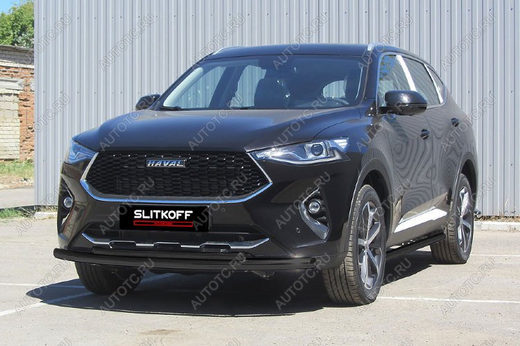 13 899 р. Защита переднего бампера d57 + d42 Slitkoff Haval F7  дорестайлинг (2018-2022) (нержавейка с полимерным покрытием в цвет черный)  с доставкой в г. Чебоксары