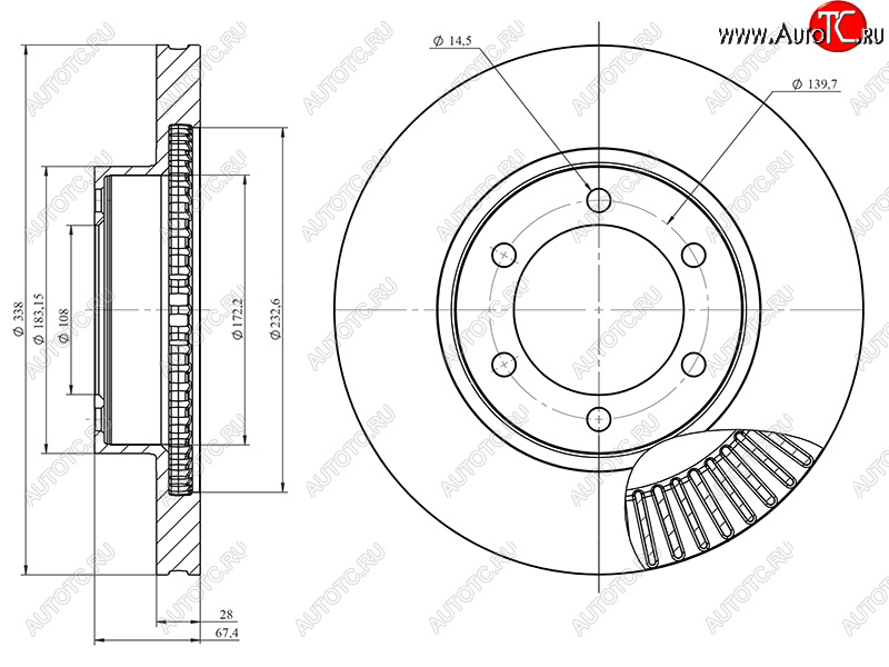 3 399 р. Диск тормозной передний Ø338mm HOSU Toyota 4Runner N210 дорестайлинг (2002-2005)  с доставкой в г. Чебоксары