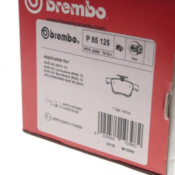 3 199 р. Колодки тормозные задние (4шт.) BREMBO Volkswagen Golf 7 дорестайлинг, хэтчбэк 5 дв. (2012-2017)  с доставкой в г. Чебоксары. Увеличить фотографию 4